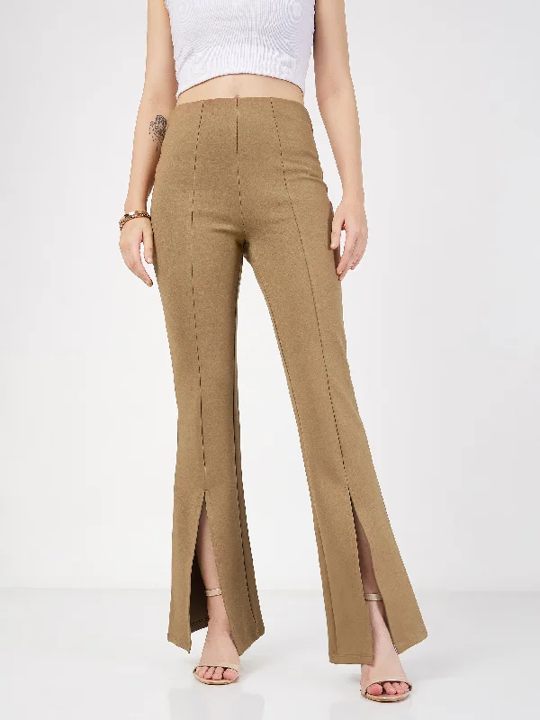 Women Beige Roma Front Slit Bell Bottom Pants