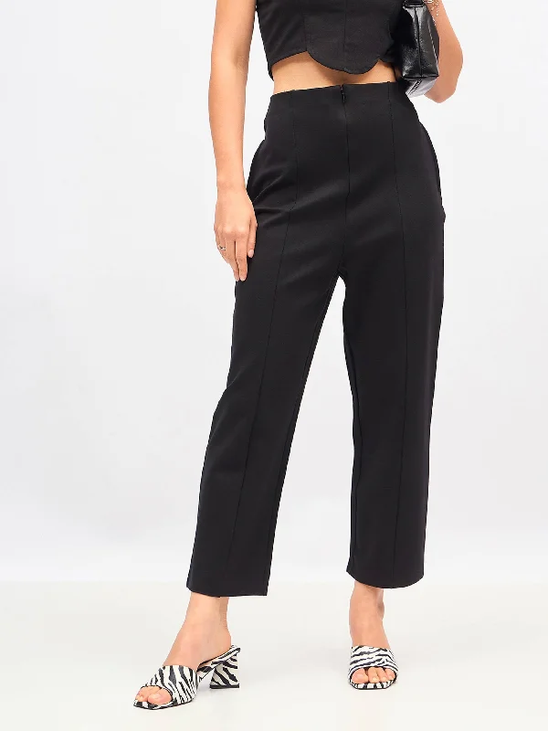 Women Black Front Darted High Waisted Pants