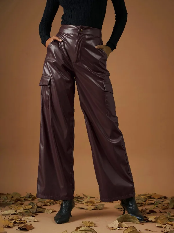 Women Maroon PU Flap Pocket Straight Pants