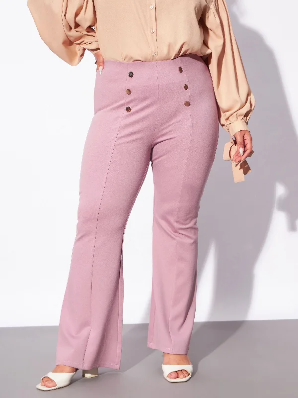 Women Pale Pink Mock Button Detail Bell Bottom Trousers