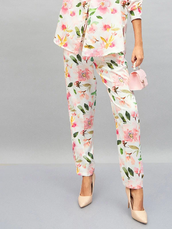 Women White Satin Floral Darted Pants